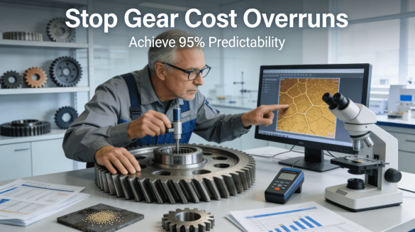 A senior engineer in a modern lab conducts a microscopic analysis of a gear's microstructure while reviewing cost data, visually representing the scientific approach to preventing gear failures and budget overruns.